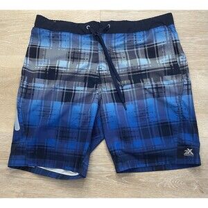 ZEROXPOSUR Blue Plaid Surf Swim Board Shorts Stretch 360 Mens Large UPF 50